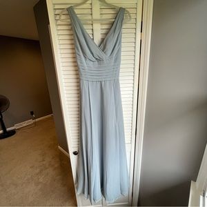 David’s Bridal Long Chiffon Surplice Tank Bridesmaid Dress (Dusty Blue)